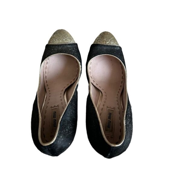 Miu Miu Black/Gold Calf Hair And Coarse Glitter Cap-Toe Block Heel Pumps Size 40 - Picture 8 of 14